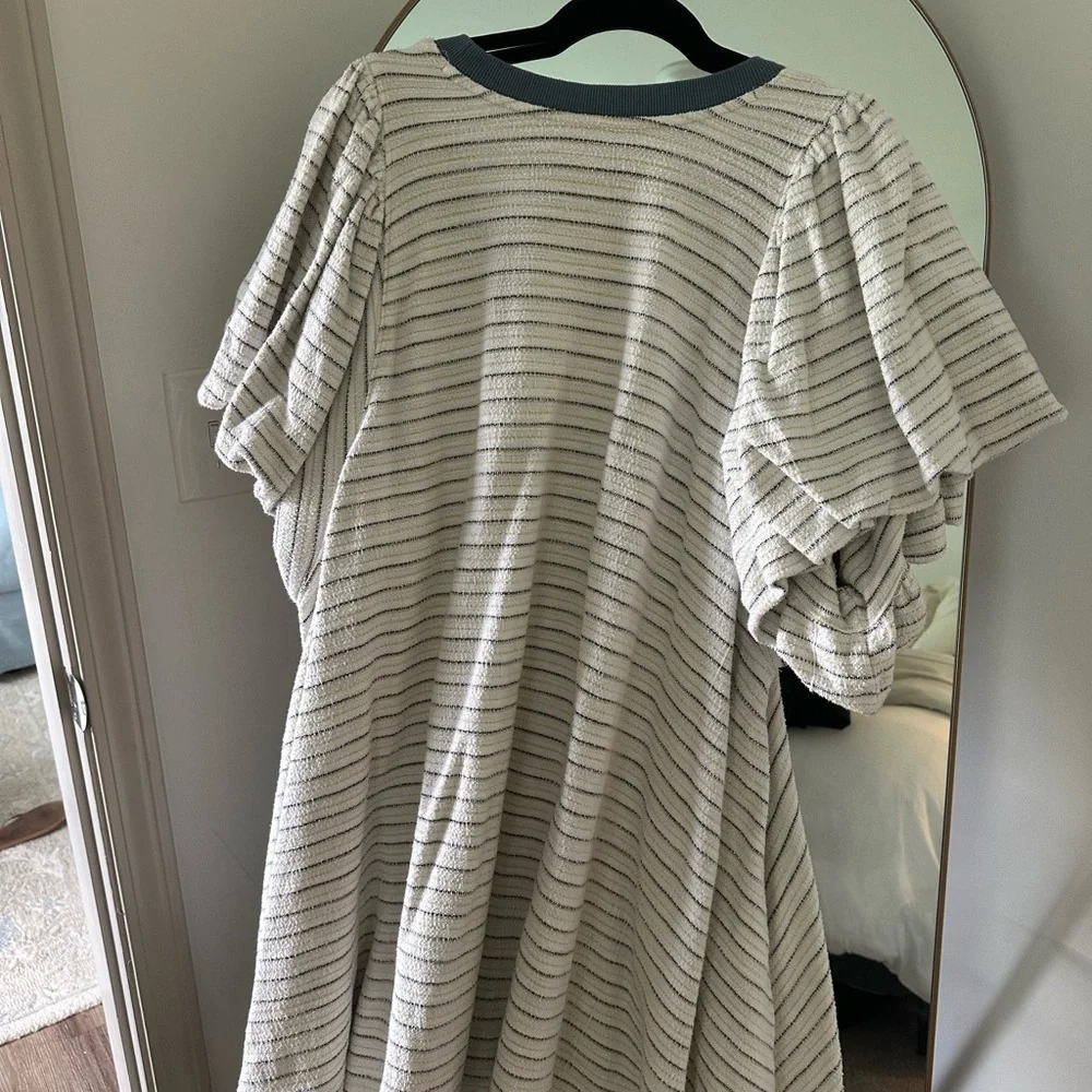 Women's Cream Striped Short-Sleeve Dress with Gray Trim